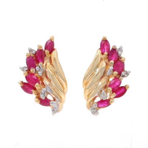 Yellow Gold Ruby & Diamond Lg Cluster Stud Earrings 10k Marquise 1.59ctw Pierced